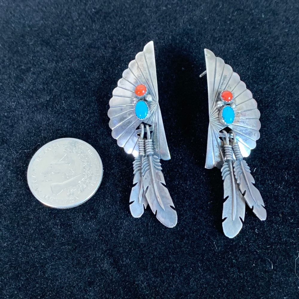 Vintage Sterling Silver Turquoise Coral Fan Feather Dangle Post Earrings - Picture 6 of 6